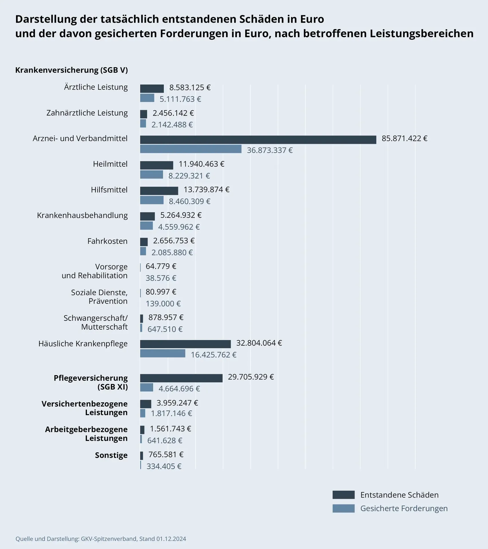 Balkendiagramm: Darstellung der tatsächlich entstandenen Schäden in Euro und der davon gesicherten Forderungen in Euro, nach betroffenen Leistungsbereichen. Gesetzliche Krankenversicherung (nach SGB V) • Ärztliche Leistung: Schadenssumme 8.583.125 Euro, gesicherte Forderung 5.111.763 Euro • Zahnärztliche Leistung: Schadenssumme 2.456.142 Euro, gesicherte Forderungen 2.142.488 Euro • Arznei- und Verbandmittel: Schadenssumme 85.871.422 Euro, gesicherte Forderungen 36.873.337 Euro; • Heilmittel: Schadenssumme 11.940.463 Euro, gesicherte Forderungen 8.229.321 Euro • Hilfsmittel: Schadenssumme 13.739.874 Euro, gesicherte Forderungen 8.460.309 Euro • Krankenhausbehandlung: Schadenssumme 5.264.932 Euro, gesicherte Forderungen 4.559.962 Euro • Fahrkosten: Schadenssumme 2.656.753 Euro, gesicherte Forderungen 2.085.880 Euro • Vorsorge und Rehabilitation: Schadenssumme 64.779 Euro, gesicherte Forderungen 38.576 Euro • Soziale Dienste, Prävention: Schadenssumme 80.997 Euro, gesicherte Forderungen 139.000 Euro • Schwangerschaft/Mutterschaft: Schadenssumme: 878.957 Euro, gesicherte Forderungen 647.510 Euro • Häusliche Krankenpflege: Schadenssumme 32.804.064 Euro, gesicherte Forderungen 16.425.762 Euro Pflegeversicherung (SGB XI): Schadenssumme 29.705.929 Euro, gesicherte Forderungen 4.664.696 Euro Versichertenbezogene Leistungen: Schadenssumme 3.959.247 Euro, gesicherte Forderungen 1.817.146 Euro Arbeitgeberbezogene Leistungen: Schadenssumme 1.561.743 Euro, gesicherte Forderungen 641.628 Euro Sonstige: Schadenssumme 765.581 Euro, gesicherte Forderungen 334.405 Euro